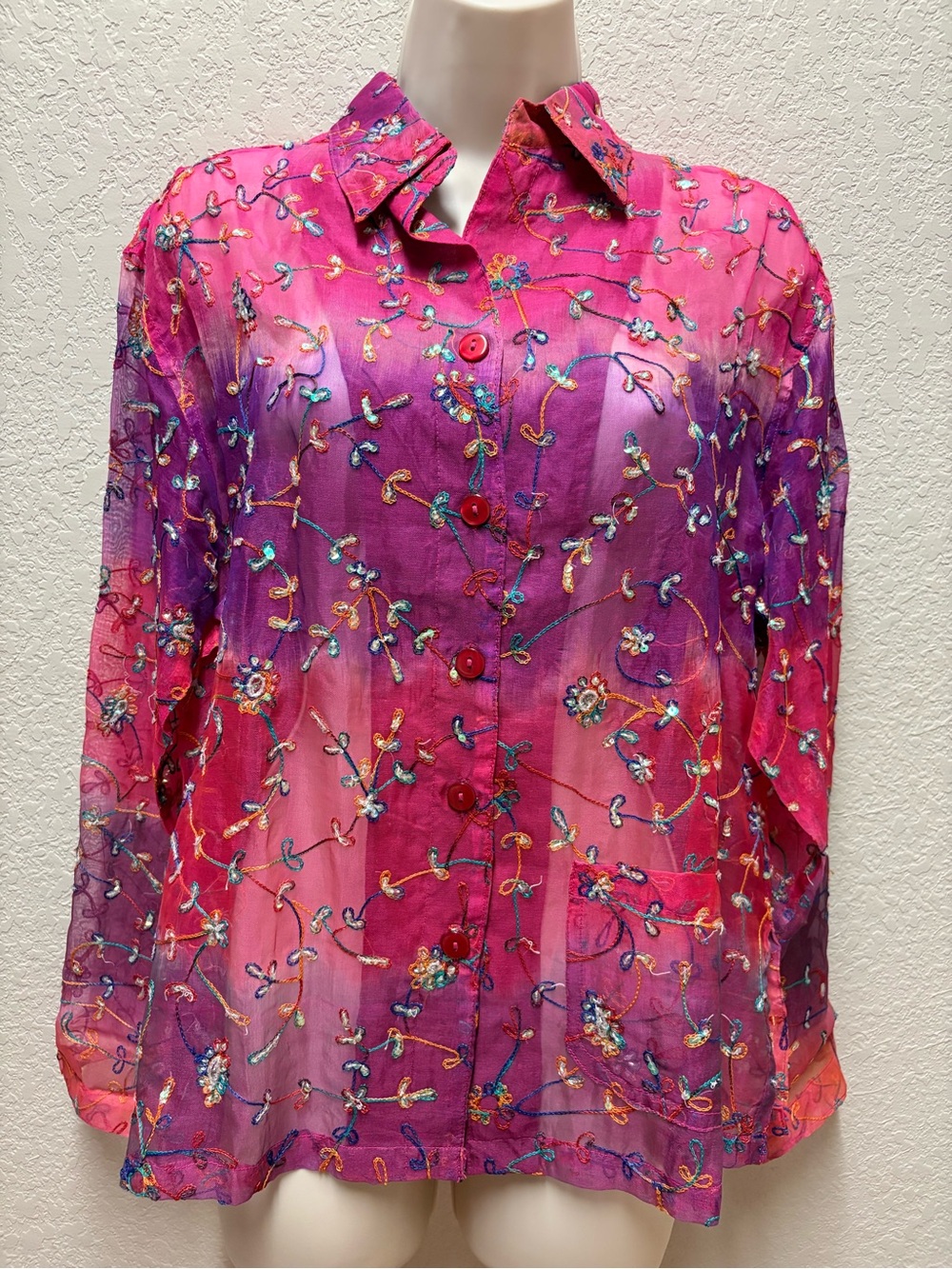Anu by Natural Embroidered Floral Sheer Button-Up Top - Pink/Purple Sz Small